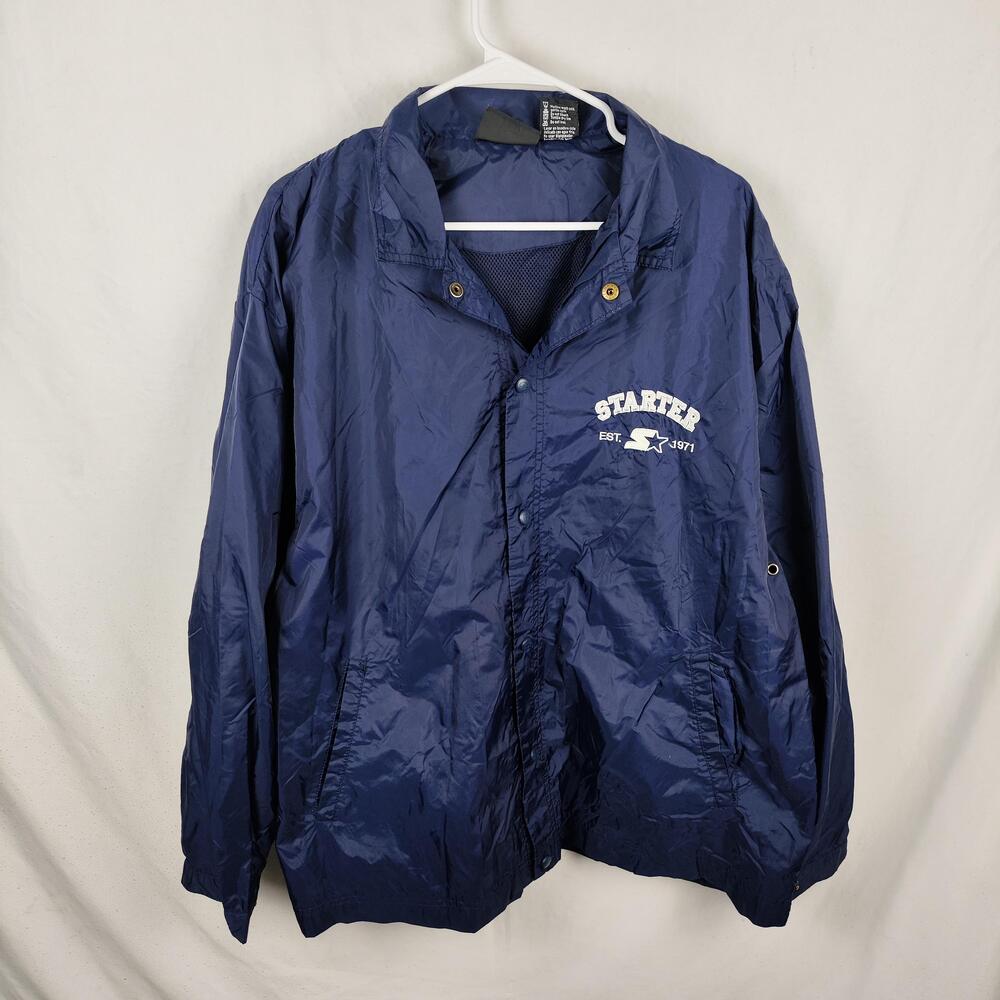 Starter Jacket Mens Large Navy Blue Nylon Windbreaker Snap Front Logo Lined